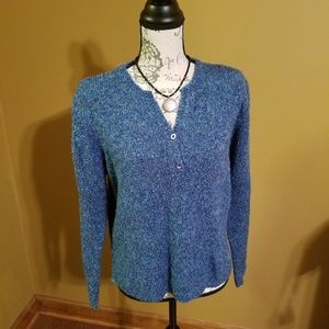 Soft fuzzy boucle blue tweed 2 button sweater